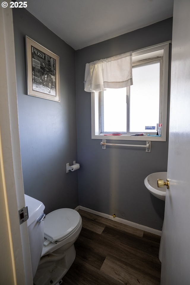 bathroom featuring wood finished floors, toilet, and baseboards