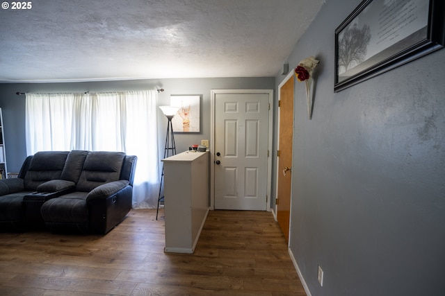 living area with wood-type flooring and a textured ceiling