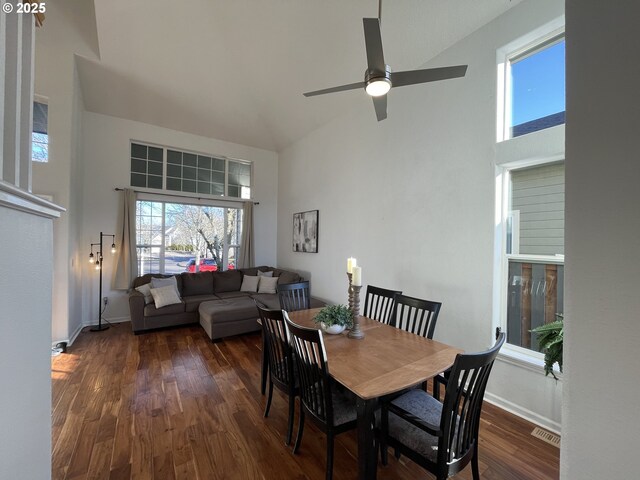 living room featuring plenty of natural light, dark wood-type flooring, and high vaulted ceiling