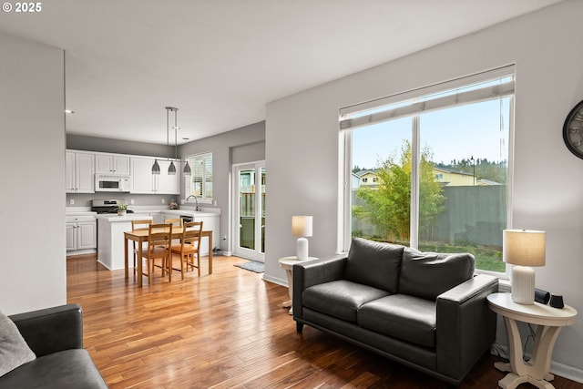 living room featuring a healthy amount of sunlight, sink, and light wood-type flooring