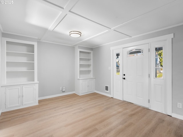 foyer with ornamental molding, coffered ceiling, and light hardwood / wood-style floors