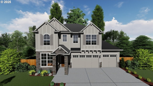 view of front of house with stone siding, fence, driveway, and an attached garage