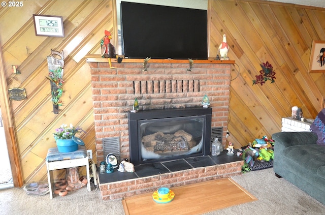 46083 Adams Rd, Pendleton, OR 97801 - carpeted living room with a fireplace and wooden walls