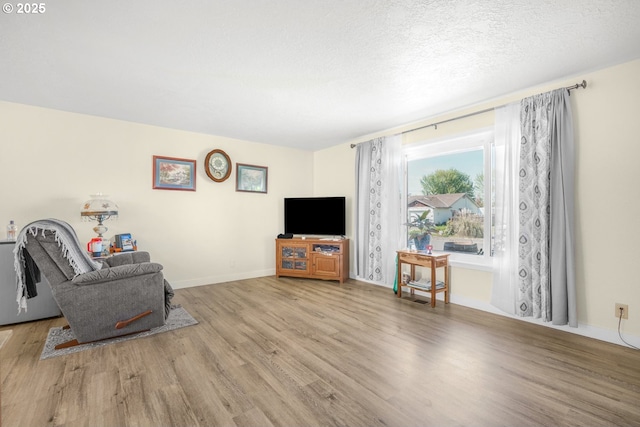 living area with baseboards and wood finished floors