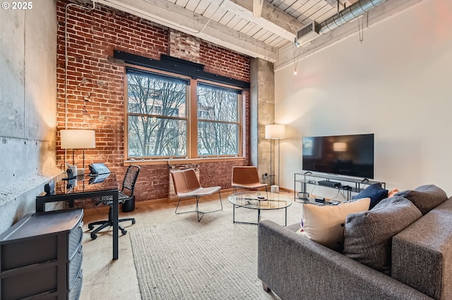 interior space with beamed ceiling, brick wall, and wood ceiling