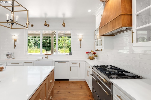 kitchen with range with two ovens, sink, custom exhaust hood, and white cabinets