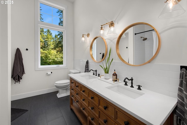 bathroom with backsplash, vanity, toilet, tile patterned floors, and a shower with shower curtain