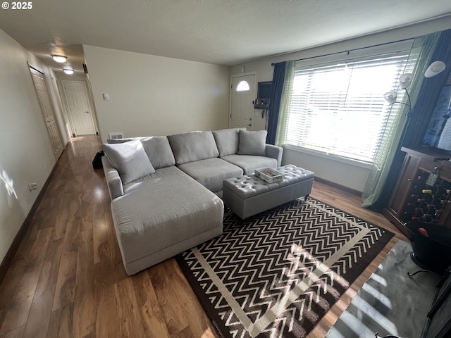 living room featuring wood finished floors, visible vents, and baseboards