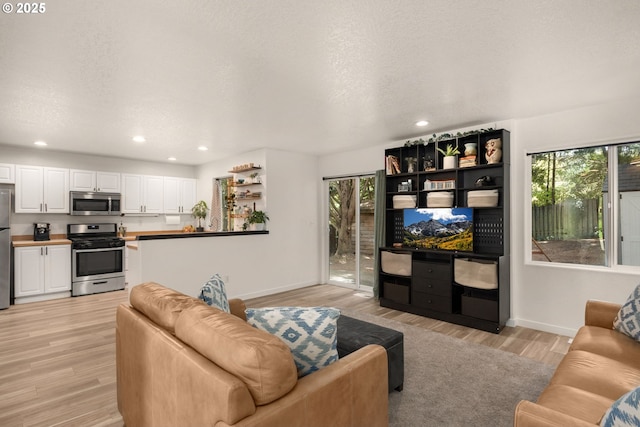 living room with recessed lighting, baseboards, plenty of natural light, and light wood finished floors