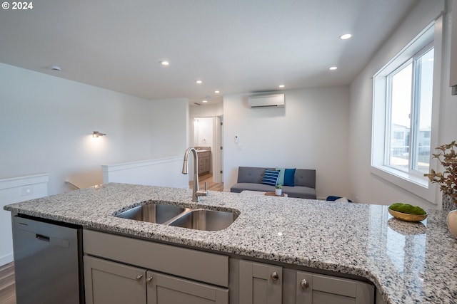 124 65th Pl, Springfield, OR 97478 - kitchen featuring stainless steel dishwasher, a wall mounted air conditioner, light stone countertops, recessed lighting, and gray cabinetry