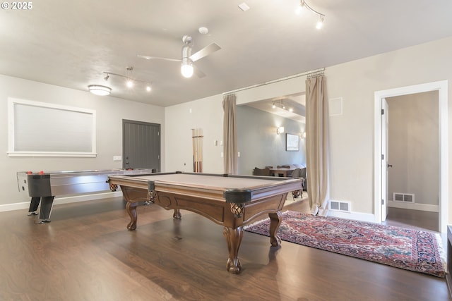 recreation room featuring ceiling fan, pool table, wood-type flooring, and track lighting