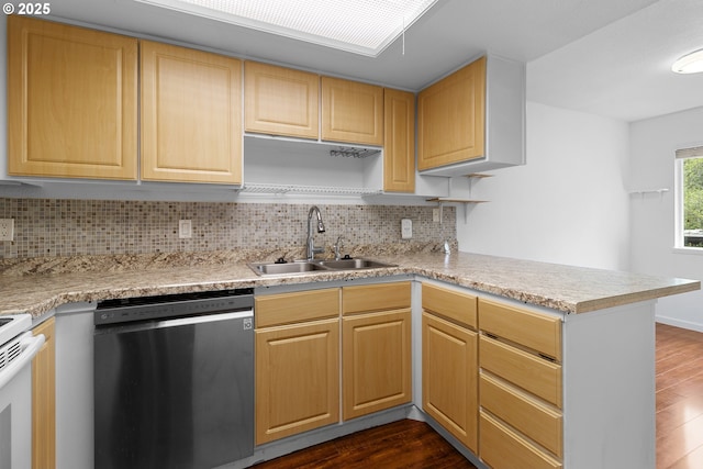 9455 SW 146th Ter Unit D 2, Beaverton, OR 97007 - kitchen with dishwasher, a sink, dark wood-type flooring, a peninsula, and light countertops