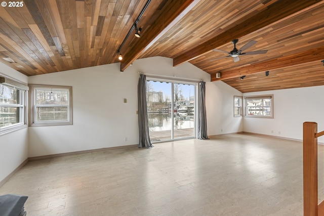 empty room featuring lofted ceiling with beams, rail lighting, light hardwood / wood-style floors, and wooden ceiling