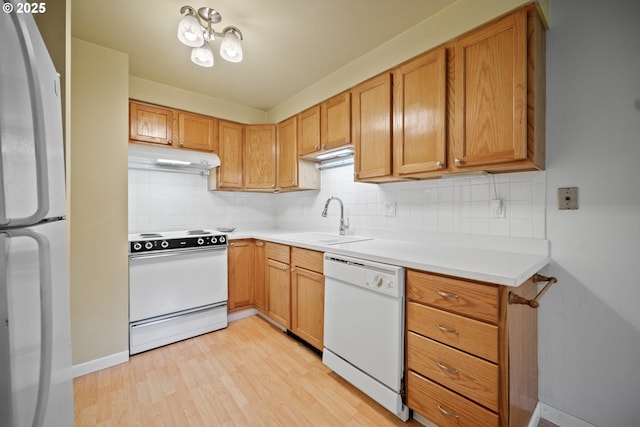 621 SE 121st Ave Unit 29, Vancouver, WA 98683 - kitchen with white appliances, under cabinet range hood, decorative backsplash, light wood-type flooring, and light countertops