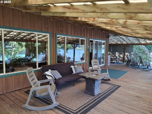 747 N Tenmile, Lakeside, OR 97449 - wooden deck with a fire pit and a pergola