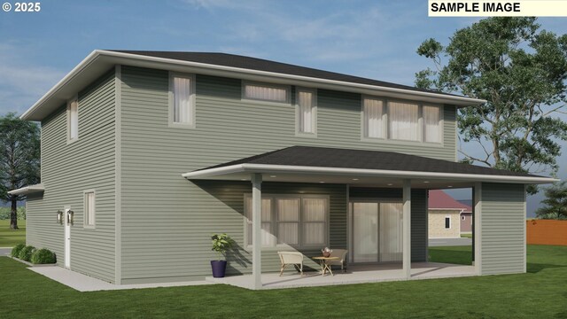 10216 NW Lee St, Portland, OR 97229 - rear view of house with a lawn, a patio, and roof with shingles