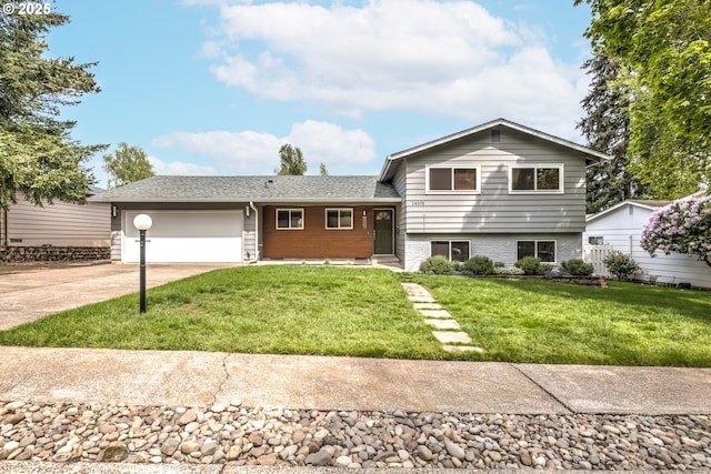 14075 SW Cherryhill Dr, Beaverton, OR 97008 - tri-level home featuring brick siding, an attached garage, a shingled roof, concrete driveway, and a front lawn