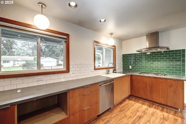 14075 SW Cherryhill Dr, Beaverton, OR 97008 - kitchen with wall chimney range hood, a healthy amount of sunlight, appliances with stainless steel finishes, and a sink