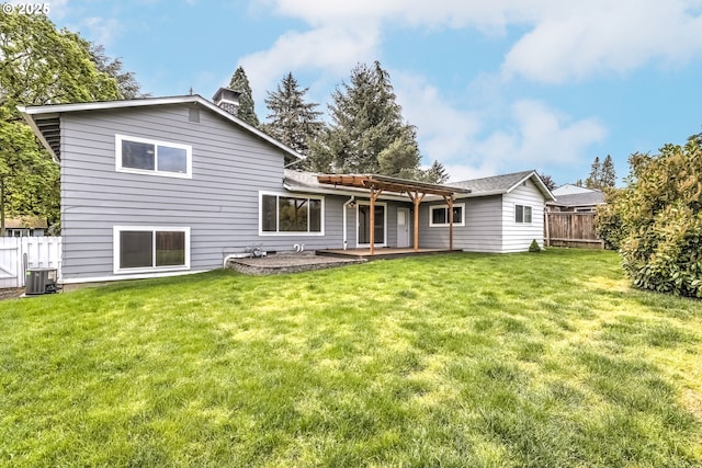 14075 SW Cherryhill Dr, Beaverton, OR 97008 - rear view of property featuring a patio, a fenced backyard, a pergola, cooling unit, and a lawn