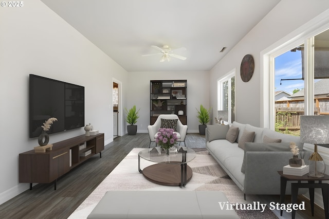 227 Hauser Ct, Molalla, OR 97038 - living room with dark wood finished floors, baseboards, and a ceiling fan