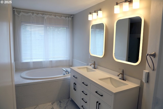 2659 SW Latourell Pl SW, Troutdale, OR 97060 - bathroom featuring marble finish floors, double vanity, and a bath