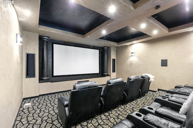 1025 Echo Dr, Roseburg, OR 97470 - cinema featuring a textured wall, carpet flooring, coffered ceiling, and ornate columns