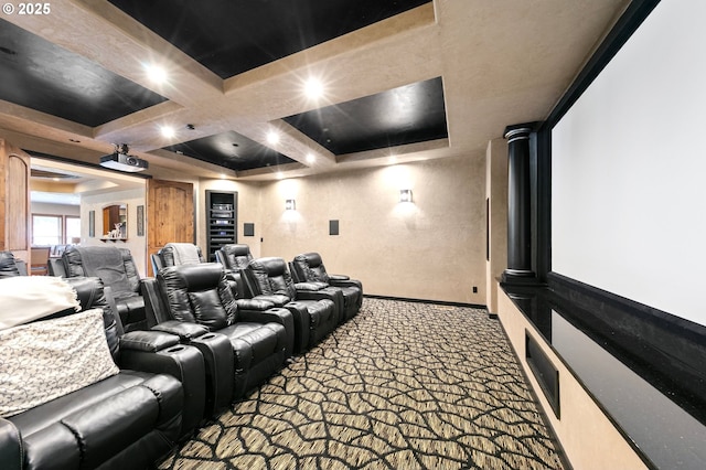 1025 Echo Dr, Roseburg, OR 97470 - carpeted home theater room featuring coffered ceiling and beam ceiling