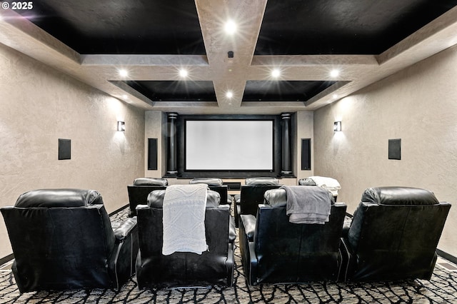 1025 Echo Dr, Roseburg, OR 97470 - home theater room featuring a textured wall, coffered ceiling, and beam ceiling
