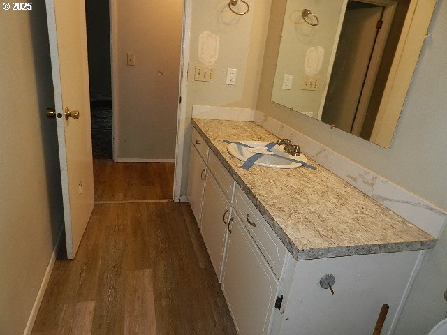 bathroom with hardwood / wood-style floors and vanity