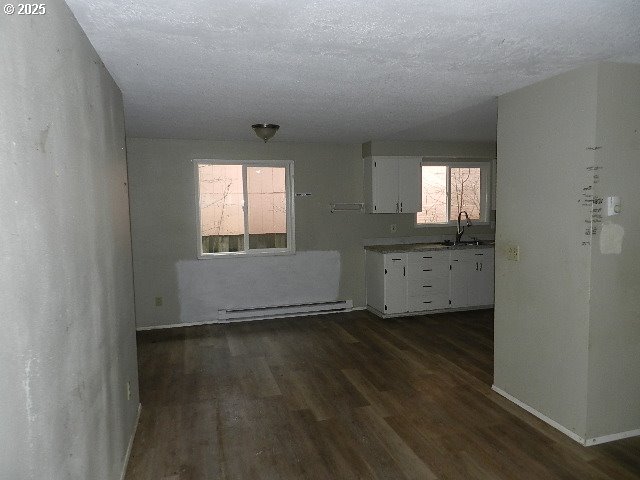 kitchen featuring sink, white cabinetry, a textured ceiling, dark hardwood / wood-style flooring, and a baseboard radiator