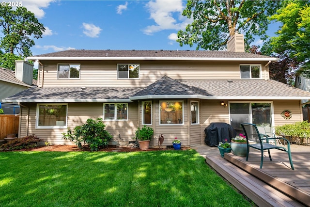 14230 Amberwood Cir, Lake Oswego, OR 97035 - rear view of property featuring a wooden deck, a chimney, and a shingled roof
