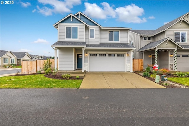 craftsman inspired home with a front yard and a garage