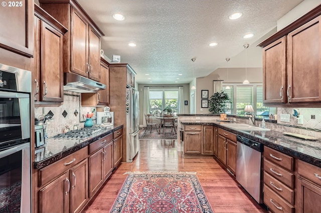 1114 S 6th Way, Ridgefield, WA 98642 - kitchen with appliances with stainless steel finishes, a sink, under cabinet range hood, light wood-type flooring, and a peninsula