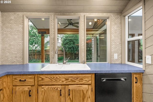65277 E Sandy River Ln, Rhododendron, OR 97049 - kitchen with dishwashing machine, a sink, and ceiling fan