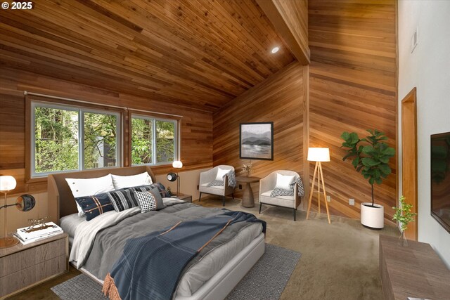 65277 E Sandy River Ln, Rhododendron, OR 97049 - bedroom featuring wooden walls, lofted ceiling, and wooden ceiling