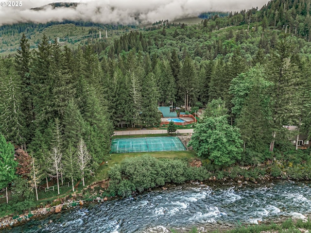 65277 E Sandy River Ln, Rhododendron, OR 97049 - view of swimming pool with a wooded view, a pool, and a water view