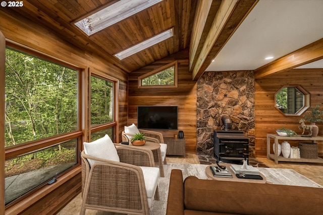 65277 E Sandy River Ln, Rhododendron, OR 97049 - living room with a wood stove, a skylight, wood walls, and wood finished floors