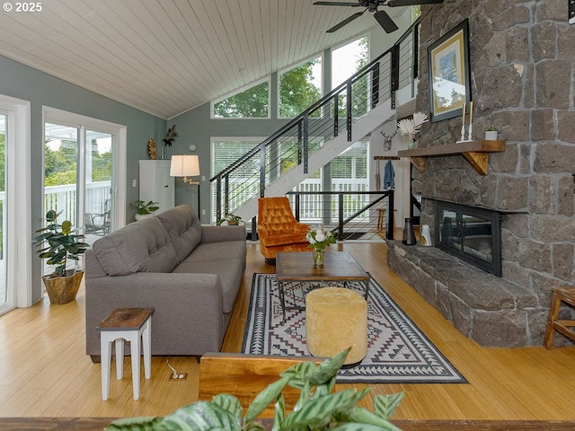 1339 NW 7th Ave, Camas, WA 98607 - living room featuring a ceiling fan, wood finished floors, plenty of natural light, high vaulted ceiling, and wood ceiling