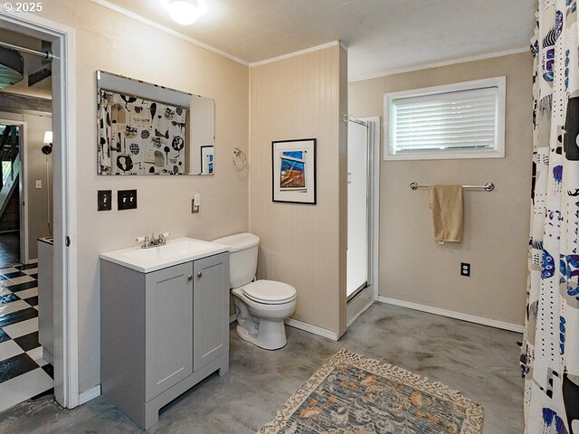 1339 NW 7th Ave, Camas, WA 98607 - bathroom with crown molding, a shower with shower curtain, toilet, concrete floors, and vanity