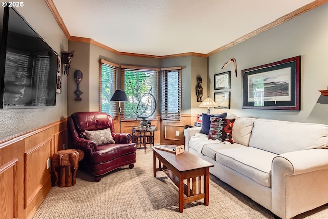 9122 NW Wood Rose Loop, Portland, OR 97229 - living room featuring wainscoting, light carpet, ornamental molding, and wood walls
