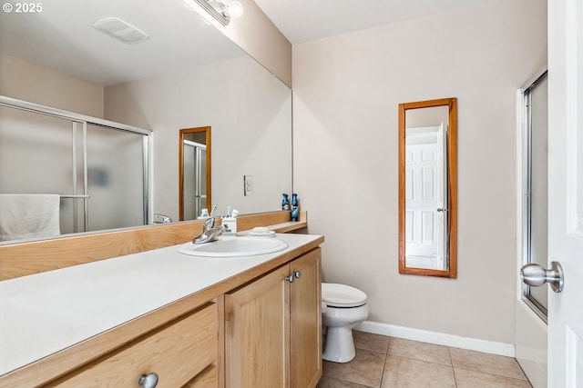 full bathroom with shower / bath combination with glass door, vanity, toilet, and tile patterned flooring