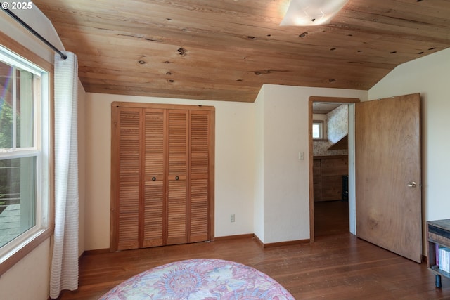 560 N 10th St, Coos Bay, OR 97420 - bedroom featuring vaulted ceiling, wood ceiling, wood finished floors, and a closet