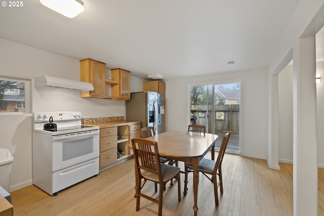 kitchen featuring stainless steel refrigerator with ice dispenser, under cabinet range hood, white electric range oven, light wood finished floors, and baseboards