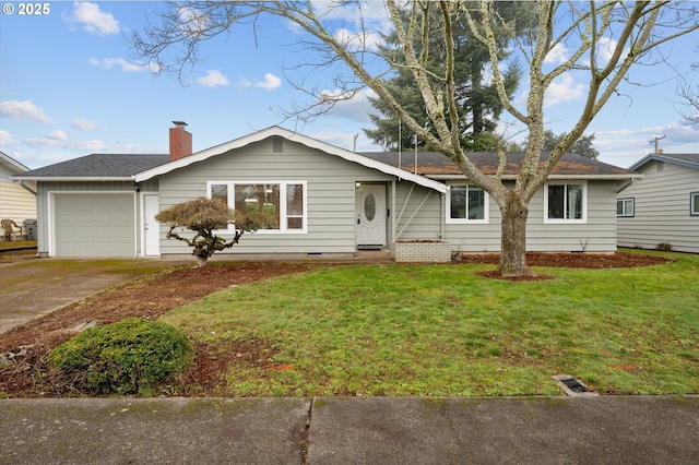 ranch-style house with a garage and a front yard