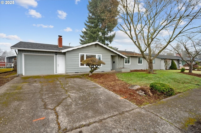 single story home featuring a garage and a front yard