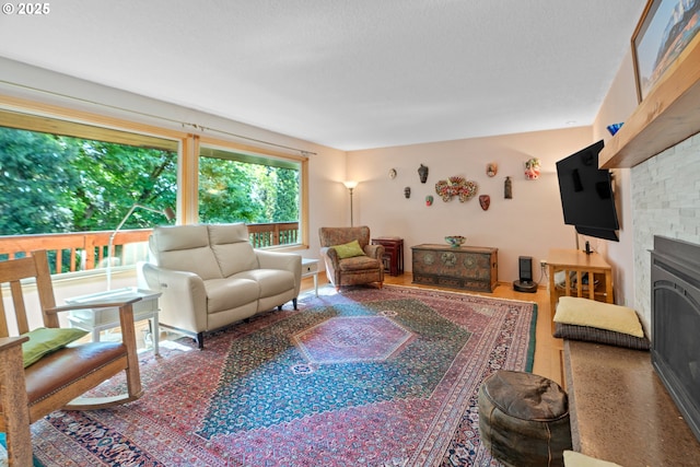 living room featuring a fireplace
