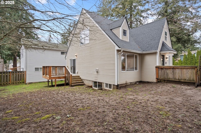 13332 SE Harold St, Portland, OR 97236 - rear view of house with fence, a wooden deck, and roof with shingles