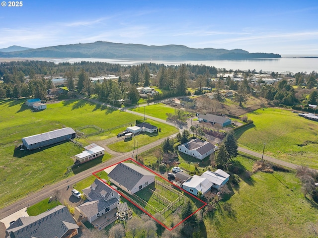 aerial view featuring a water and mountain view