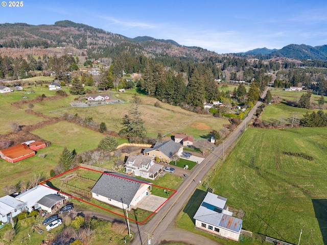 drone / aerial view featuring a rural view, a mountain view, and a view of trees