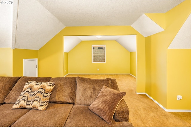 additional living space with lofted ceiling, carpet floors, and a textured ceiling